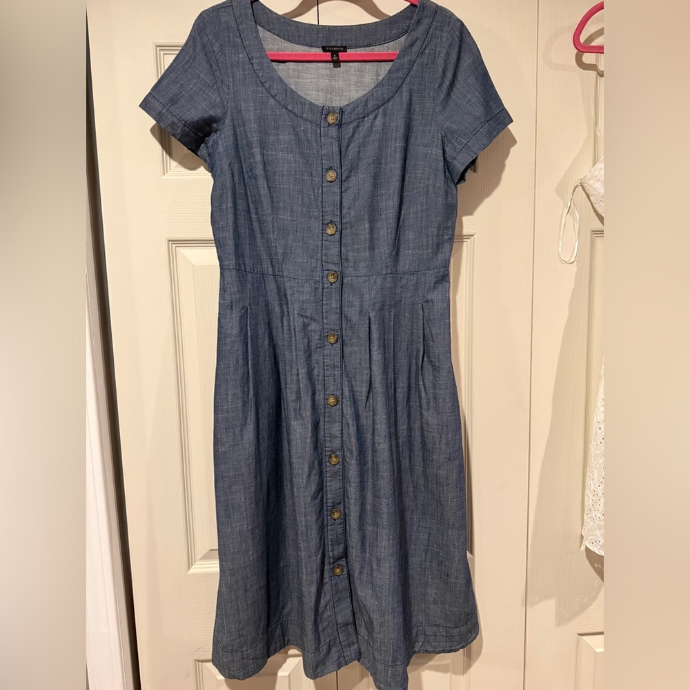 Talbots Chambray Scoop Neck Button Front  Fit Flare Shirt Dress Size 8